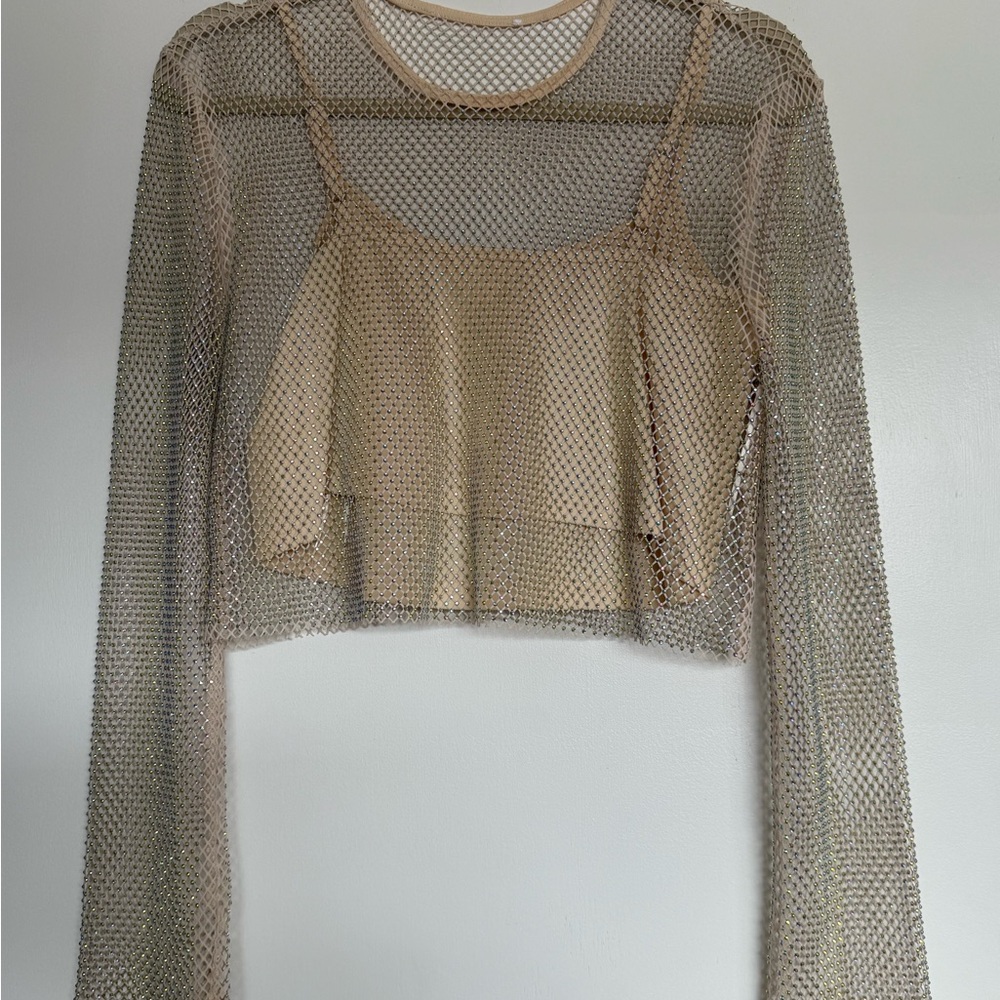 Rhinestone mesh crop top